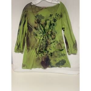 Womens Woodland Forest Fairy XL Top Green Floral Print Boho Whimsy Art To Wear